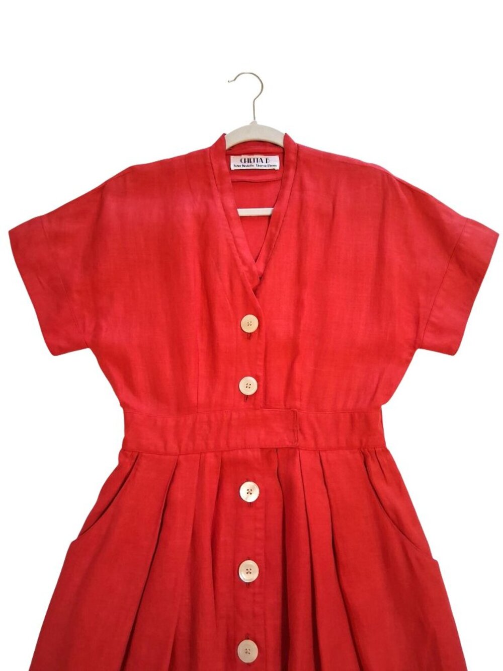 Vintage Chetta B Red Linen Blend Button Front Midi Dress Size 6 Union Made - Picture 3 of 15